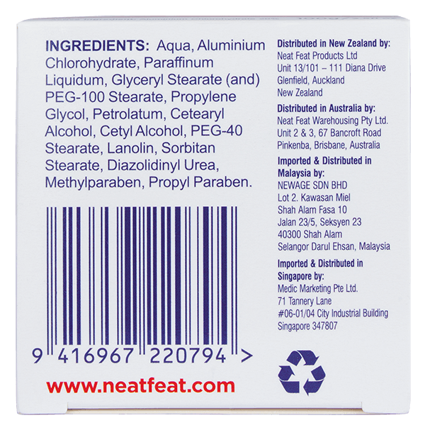 Back of the Neat 3B Action Cream 100g white box for chafing, featuring blue text displaying product details, directions, and ingredients.