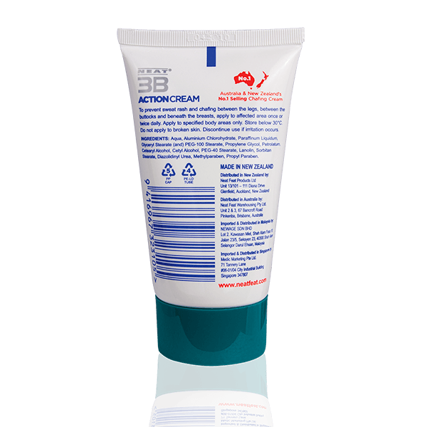 Back of the Neat 3B Action Cream 75g tube for chafing, mostly white with text displaying product details, directions, and ingredients.