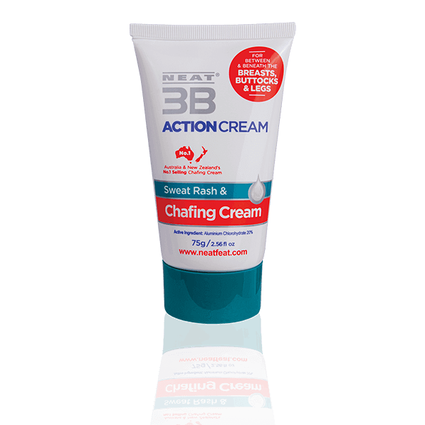 Neat 3B Action Cream 75g tube for chafing, mostly white with a duck blue lid, featuring product branding and information.