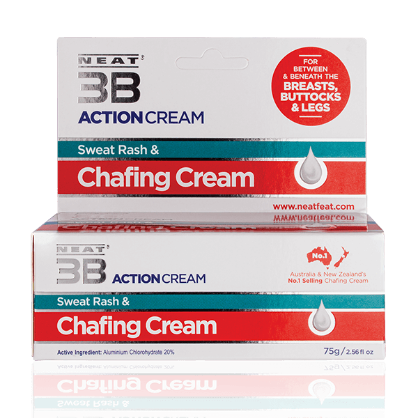 Neat 3B Action Cream 75g box for chafing, mostly white with red and duck blue accents, featuring product branding and information.