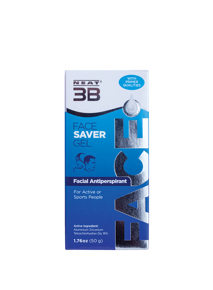 Box of Neat 3B Face Saver Gel for facial sweating, showing clear product information and its benefits for controlling facial sweating. The design is clean, simple, and easy to read.
