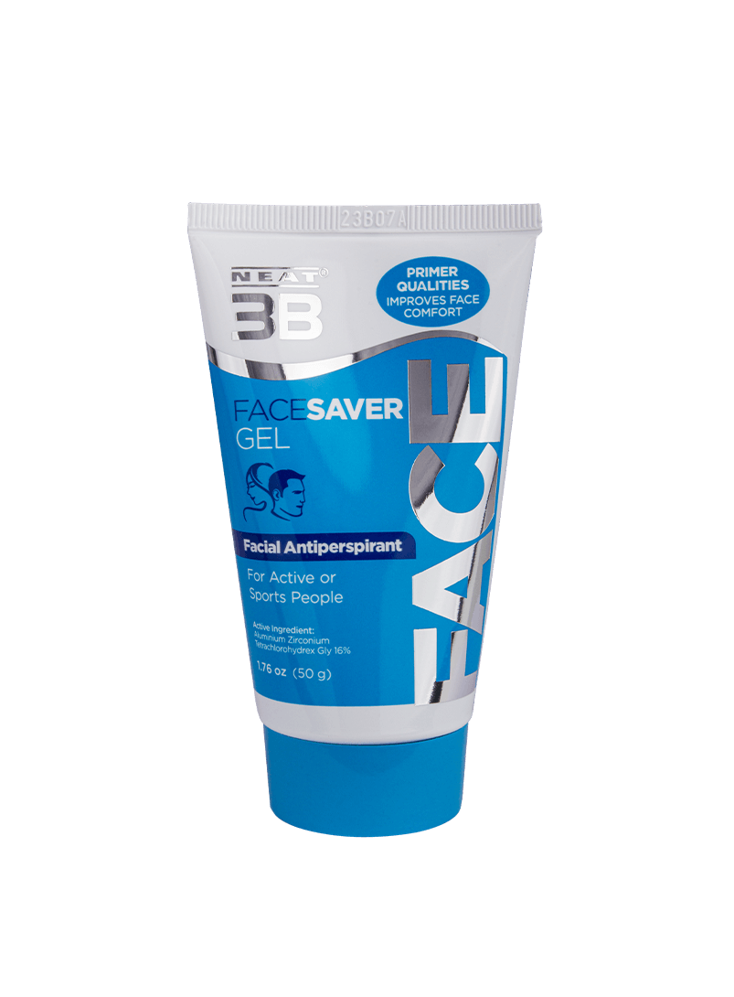 Tube of Neat 3B Face Saver Gel for facial sweating, with a compact and easy-to-use design. The packaging highlights its effectiveness in controlling facial sweating, with clear information and a simple design.