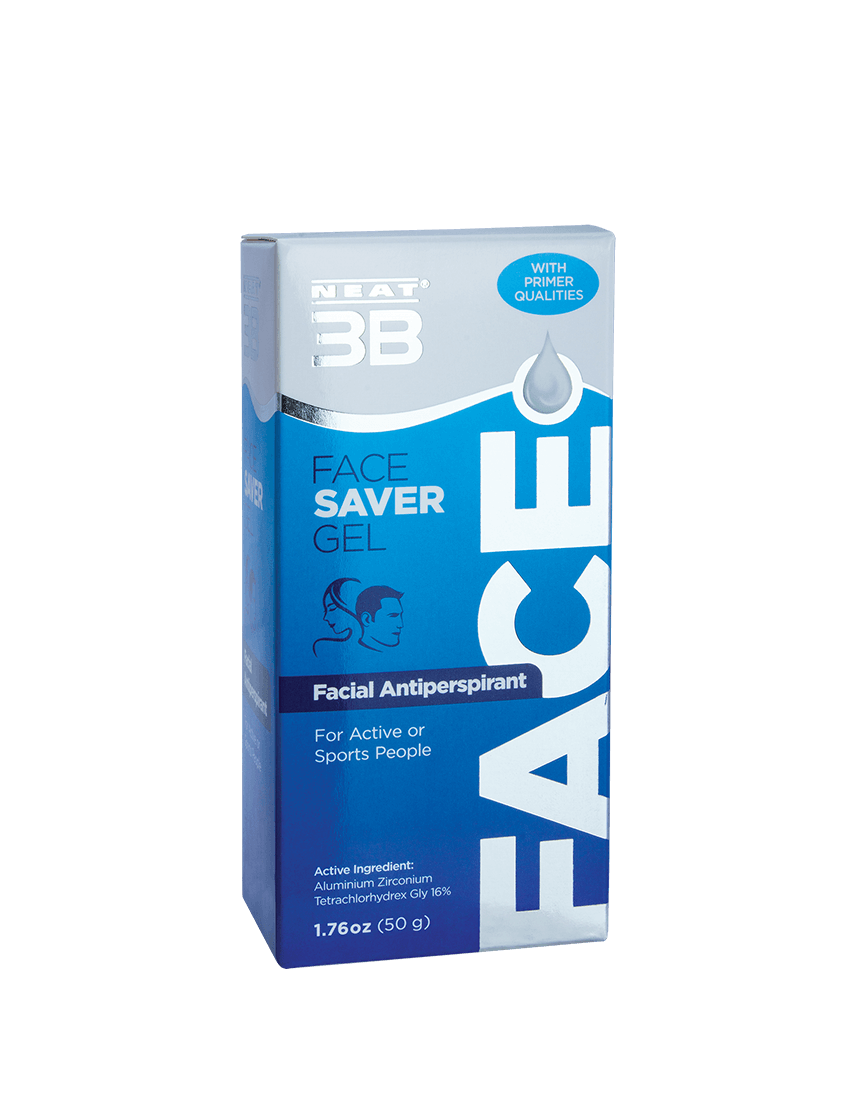 Box of Neat 3B Face Saver Gel for facial sweating, displaying clear product information and its benefits for controlling facial sweating. The design is clean, simple, and easy to read.