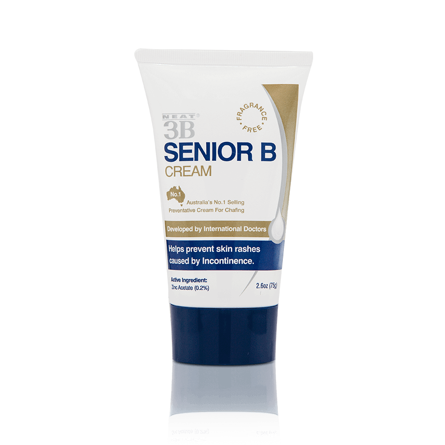 Neat 3B Senior B For Rash Prevention, in a white tube with a navy blue lid. The packaging clearly displays product details, focusing on its rash prevention benefits, with a clean and simple design.