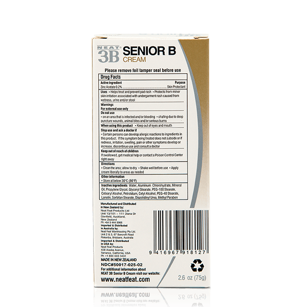 Back of the box for Neat 3B Senior B For Rash Prevention, featuring product information, usage instructions, safety precautions, ingredients, and a barcode. The design is clean and organized, with clear, easy-to-read text.