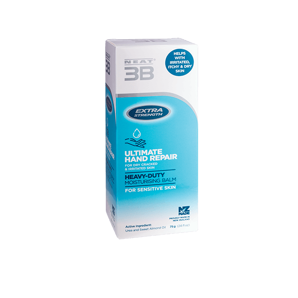 Neat Feat 3B Ultimate Hand Repair Moisturising Balm packaging box, mostly blue and white, shown at a slight angle to highlight product branding and information.