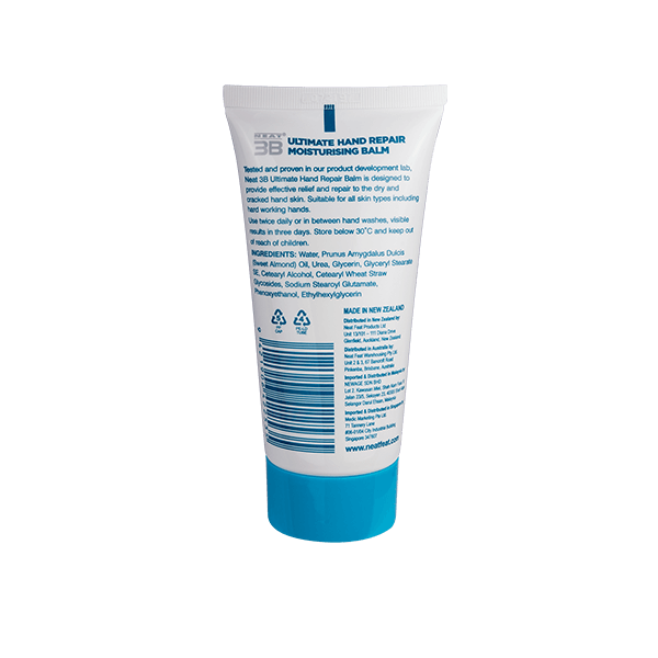 Back of the Neat Feat 3B Ultimate Hand Repair Moisturising Balm tube, white with blue text displaying product details and instructions.