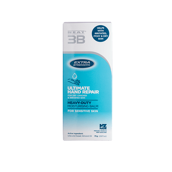 Neat Feat 3B Ultimate Hand Repair Moisturising Balm packaging box, mostly blue and white, featuring product branding and information.