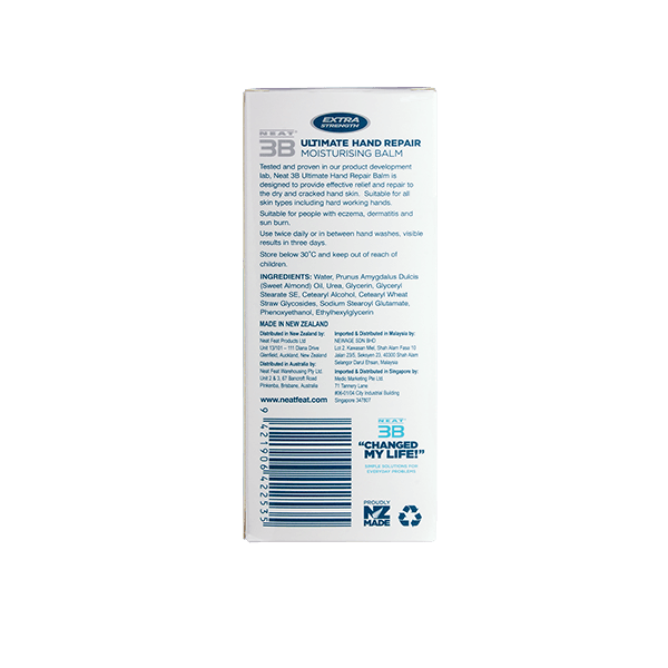 Back of the Neat Feat 3B Ultimate Hand Repair Moisturising Balm box, white with blue text displaying product details, directions, and ingredients.