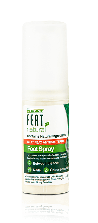 Neat Feat Natural Antibacterial Foot Spray for Nail Fungus and Athlete's Foot tube, featuring a mostly green and white label with the product name and branding.