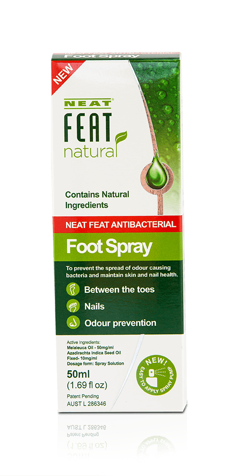 Neat Feat Natural Antibacterial Foot Spray for Nail Fungus and Athlete's Foot box, mostly white and green with red accents, featuring product branding and information.