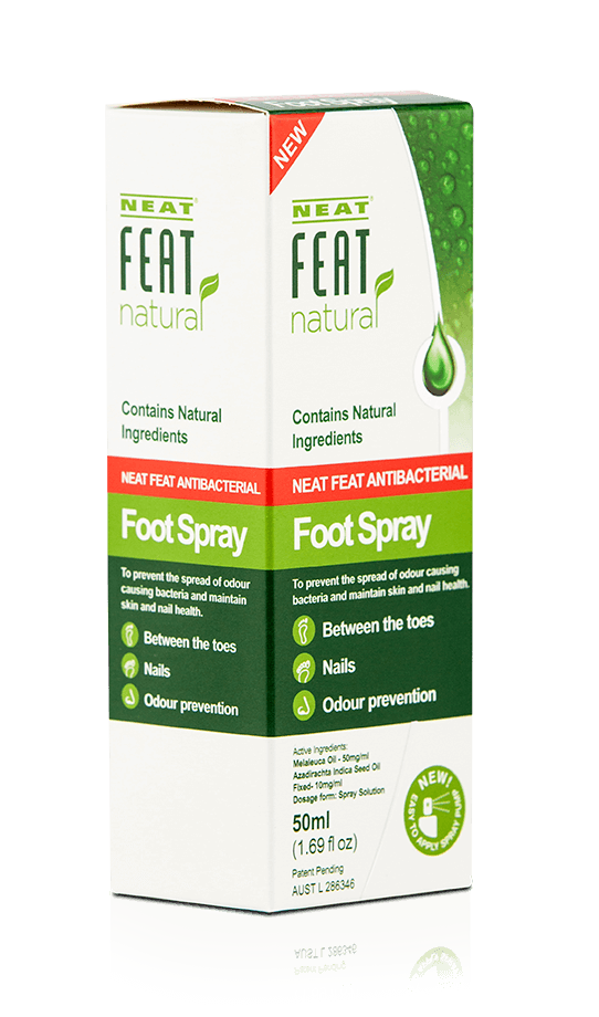 Neat Feat Natural Antibacterial Foot Spray for Nail Fungus and Athlete's Foot box, shown front-on with the product slightly turned, highlighting the white, green, and red design.