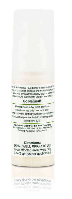 Back of the Neat Feat Natural Antibacterial Foot Spray for Nail Fungus and Athlete's Foot tube, clear with a green and white label displaying product details, directions, and ingredients.