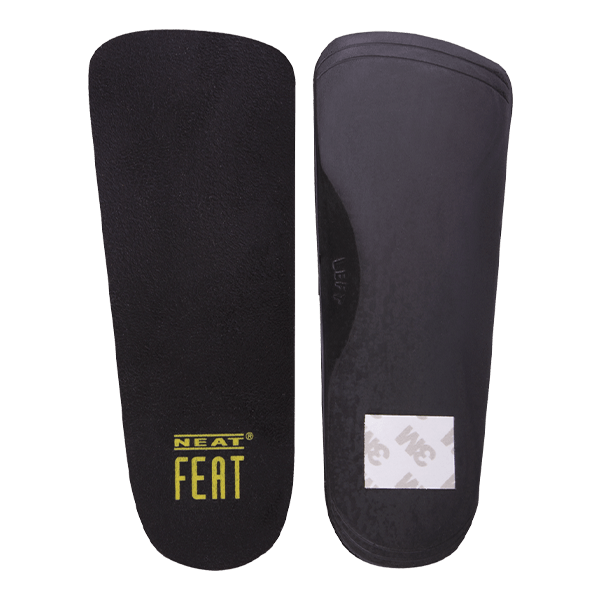 Neat Feat Ladies 3/4 Length Slim Fit Insoles, displayed side by side, with one flipped over to reveal the underside and 3M sticky section near the heel, and the other showing the yellow logo.