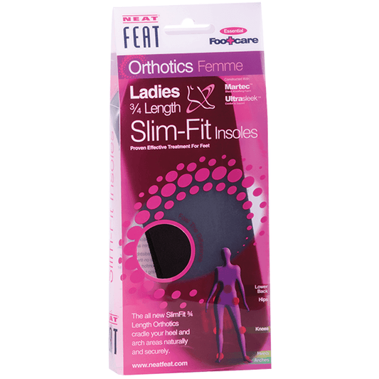 Neat Feat Ladies 3/4 Length Slim Fit Insoles packaging, mostly pink and transparent, showcasing the black insoles inside.