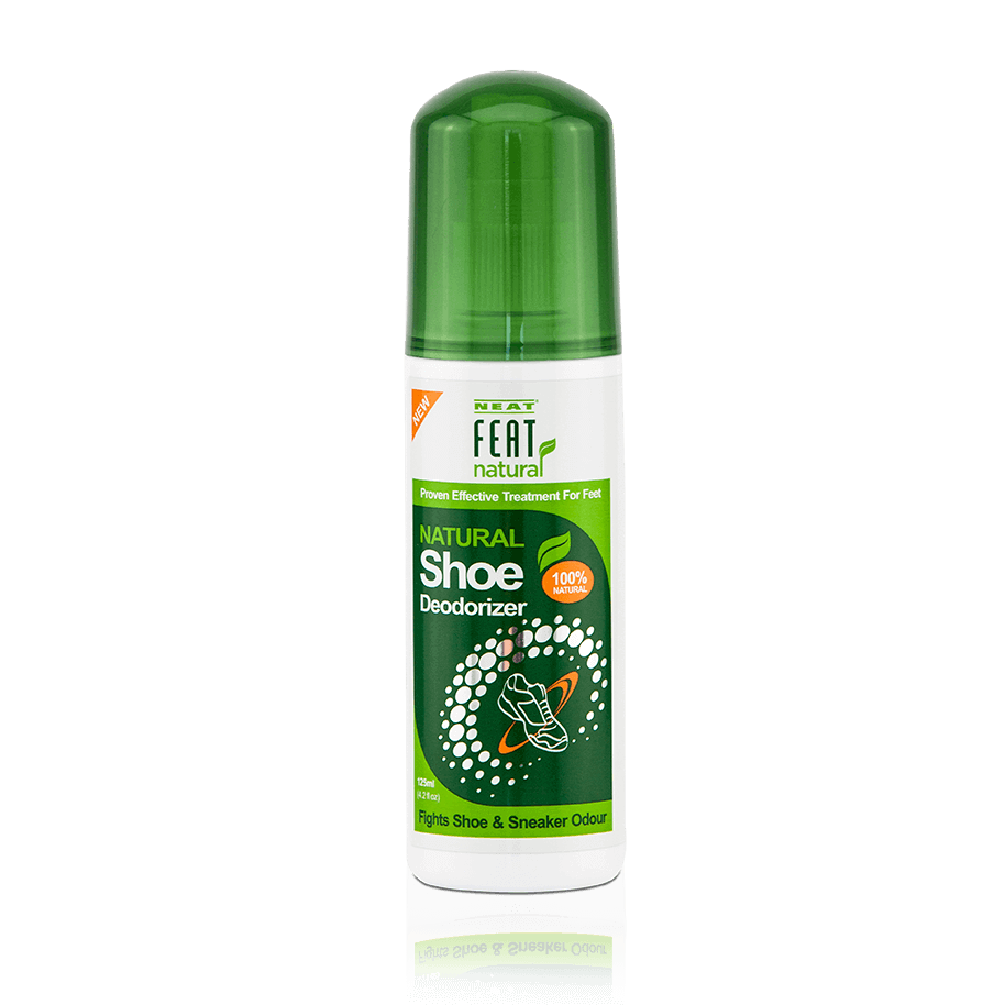 Neat Feat Natural Shoe Deodorizer with a white bottle, green label, and green cap, designed to eliminate odours and freshen shoes naturally.