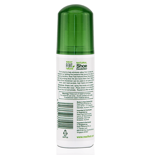 Back of Neat Feat Natural Shoe Deodorizer bottle, featuring product information and usage instructions on a white background with a green label and green cap.