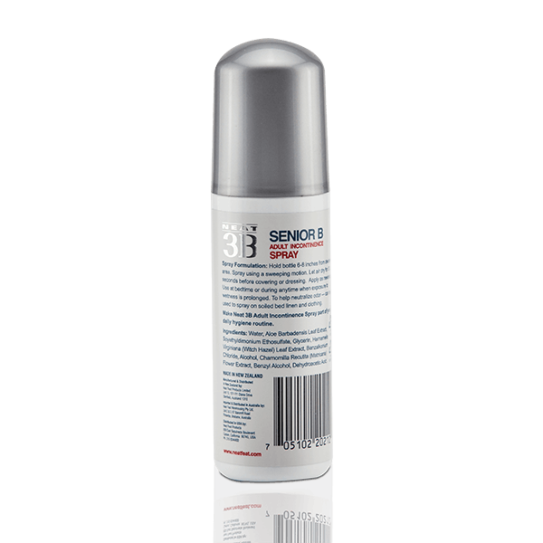 Back of the Neat 3B Senior B Incontinence Spray bottle, showing product information and instructions.