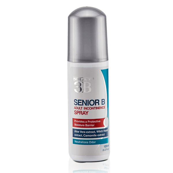 Neat 3B Senior B Incontinence Spray in a white bottle with a grey lid.
