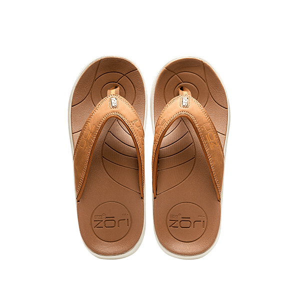 Neat Zori Sahara Slimline Orthotic Sandals side by side, top view, showcasing brown tops, brown straps, and contoured footbeds.