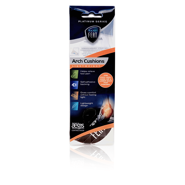 Front view of the Neat Feat Platinum Series Arch Cushions packaging. The mostly clear packaging with black and orange accents gives a glimpse of the arch cushions inside, slightly visible through the transparent section.