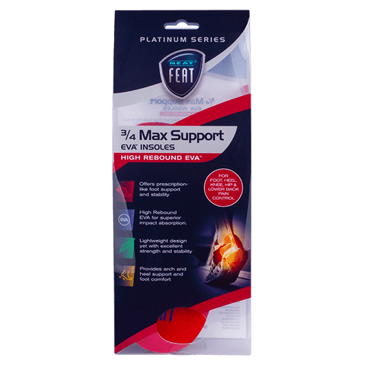 Platinum Series Maximum Foot Support 3/4 Insole, displayed within clear packaging with dark blue and red accents. The red insoles are visible through the packaging, showcasing their design and support features.