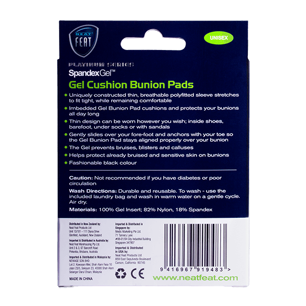 The back of the Platinum Series Spandex Gel Cushion Bunion Pads box, mostly blue and white with predominantly white font, displaying product details and usage information in a clean, organised layout.