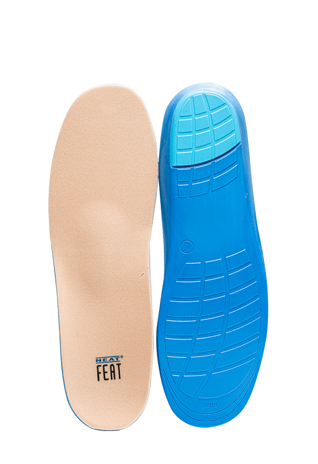 Platinum Series Wellness Self Moulding Insoles for Friction-Free Feet. Both pairs are shown out of the box, with one flipped to display the blue underside of the insole. The insoles are a nude colour, showcasing their design and comfort features.