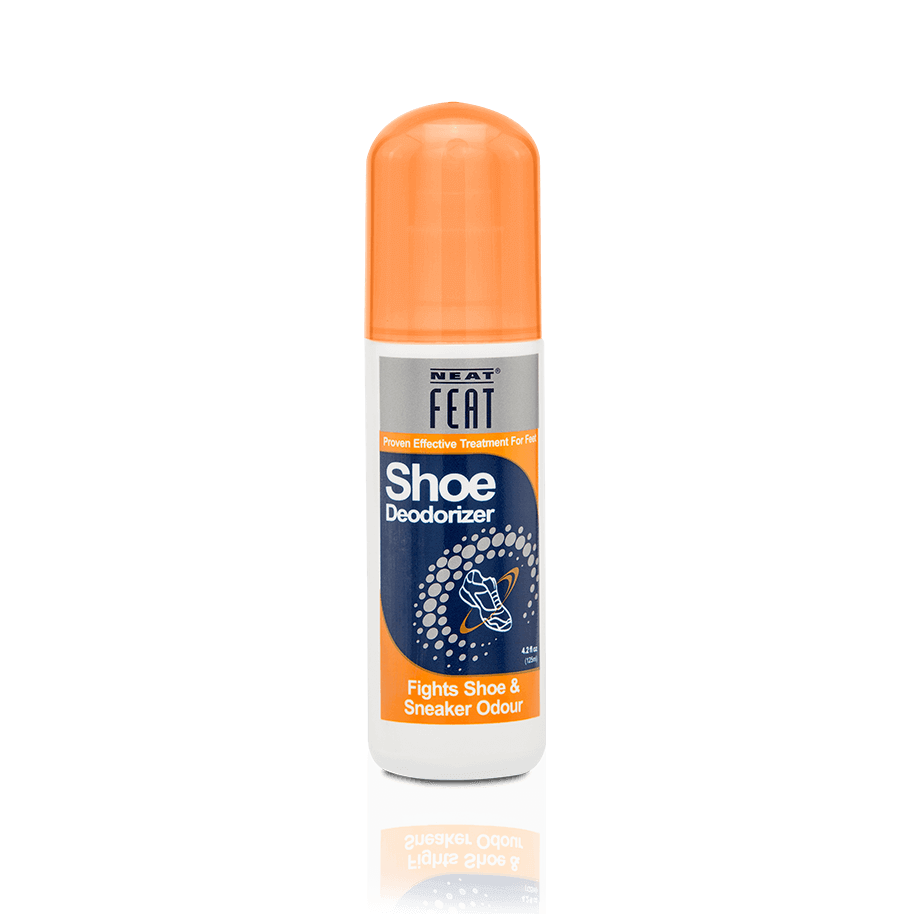 Shoe Deodorizer bottle with orange cap, featuring an orange and blue label. The bottle is designed to eliminate odour on feet, shoes, or socks, promoting freshness and cleanliness.