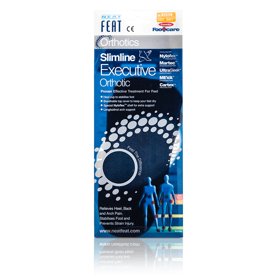 Slimline Executive Orthotic Breathable Feet Stabilizer in its mostly blue display box. The box highlights the product's sleek design and orthotic features, promoting comfort and foot stability.