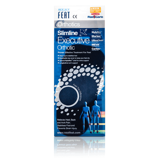 Slimline Executive Orthotic Breathable Feet Stabilizer in its mostly blue display box. The box highlights the product's sleek design and orthotic features, promoting comfort and foot stability.