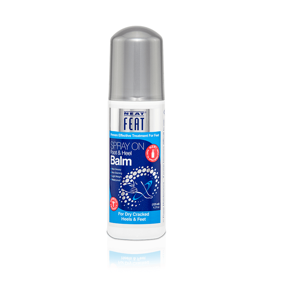 Spray On Foot and Heel Balm tube, designed for easy application to feet and heels. The packaging emphasises its moisturising and soothing properties, with clear product information and a simple, clean design.